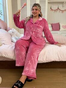 SweetSlumber طقم بيجامة نسائي مقاس كبير من القطيفة الذهبية بأكمام طويلة وبلوزة وبنطال - روز أحمر - مشاهدة 6