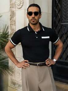 YOUESAWY YOUESAWY Men Contrast Trim Polo Formal Shirt Cotton, Ceremony - Black - View 5