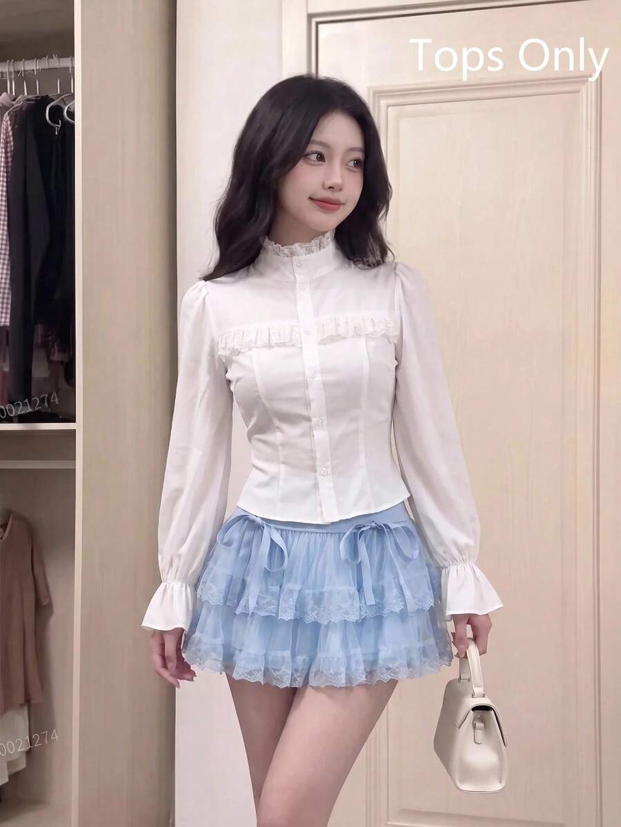 SHEIN MOD Women's White Fitted Shirt With Ruffle Collar And Lantern Sleeves - White - View 1