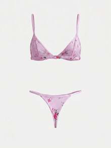 lacRébo Pink Satin Lingerie Set With Floral Print, Triangle Bra And Matching Thong Cute Chic Style - Multicolor - View 2