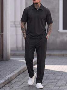Manfinity CasualCool Men's Textured Jacquard 2 Pieces Set, Textured Jacquard Short Sleeve Polo Shirt + Textured Jacquard Long Pants, Casual Daily Commute - Black - View 6