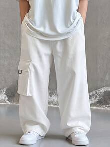 SHEIN 兒童青少年男孩休閒日常舒適直筒寬鬆長褲，黑色工裝褲，新款，適合外出、上學，春夏秋冬四季皆宜 - 白色 - 查看 2