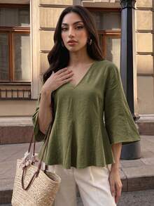 Elenzga Casual Versatile Commute Solid Color Shirt - Green - View 5