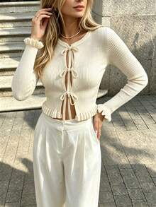 Cévolie Women's Solid Color Front Tie Long Sleeve Ruffle Hem Cardigan - Beige - View 7