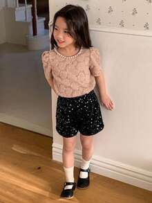 Dazy Kids Celana Pendek Fashion Anak Perempuan Warna Hitam Beludru Berpayet, Musim Gugur - Hitam - View 7