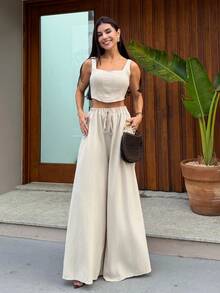Yohana Edit B Elegant 春夏度假休閒魚骨肩帶上衣與寬腿口袋長褲兩件套，紋理布料材質 - 卡其色 - 查看 2