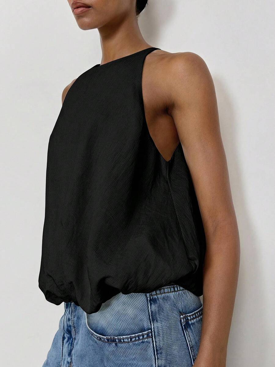 Maija Women's Solid Color Sexy Round Neck Peplum Top For Vacation - Black - View 1