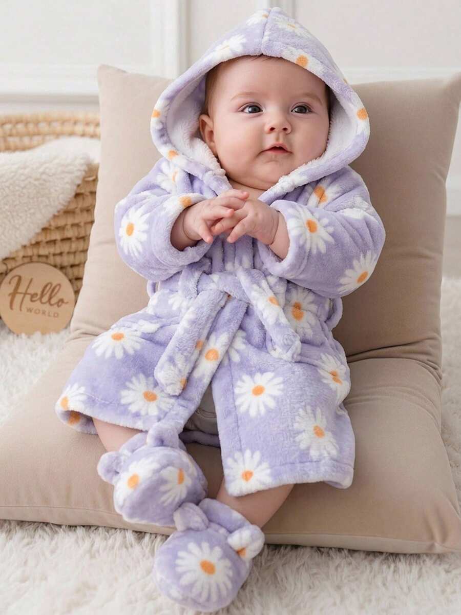 新生兒男嬰/女嬰卡通雲朵圖案加厚抓絨連帽長袖前綁帶睡袍 - 淡紫色 - 查看 1