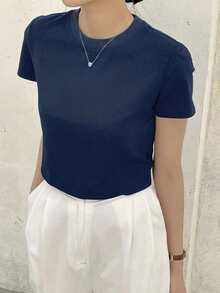 Dazy-Less Solid Crew Neck Crop Tee Summer Preppy Tops Business Casual Woman Work Clothes - Navy Blue - View 4