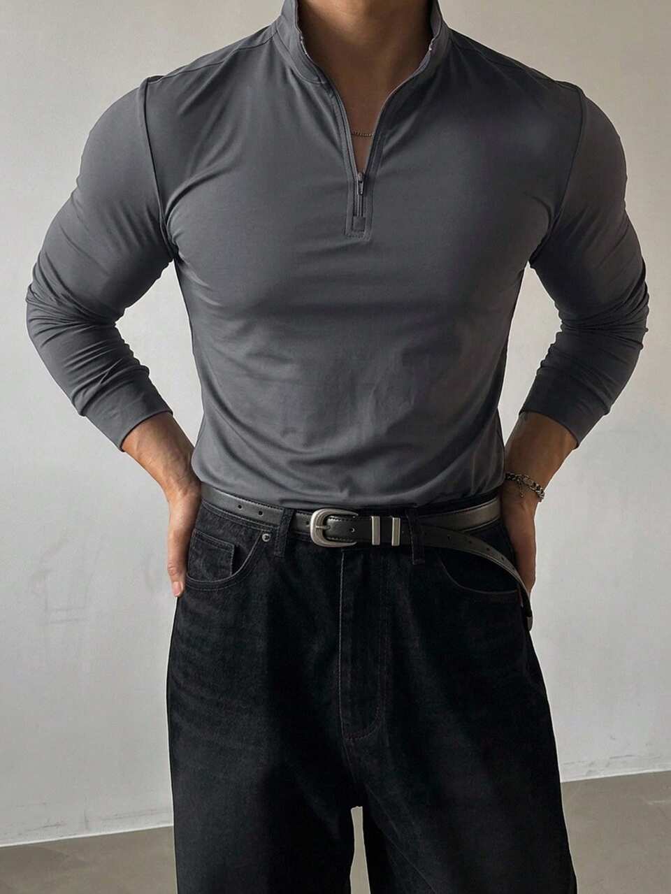 Spring/Autumn High Elasticity Knit Fabric Grey Zipper Half-Placket Long Sleeve Fitted Men's Polo Shirt