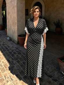 Balvessa French Vintage Style Polka Dot V-Neck Lace Patchwork Split Maxi Dress - Black - View 1