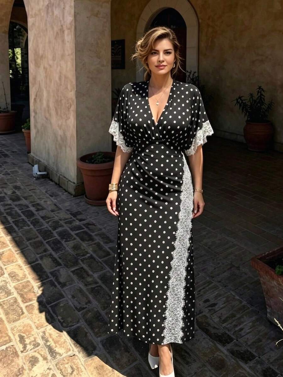 Balvessa French Vintage Style Polka Dot V-Neck Lace Patchwork Split Maxi Dress - Black - View 1