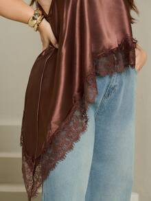 Lele Munniz Atasan Halter Leher Satin Cokelat Ukuran Plus Wanita, Blus Longgar Elegan dengan Hiasan Renda, Gaya Urban Terbaru untuk Kencan Malam Musim Gugur, Atasan Cokelat Musim Semi yang Nyaman - Coklat - View 6