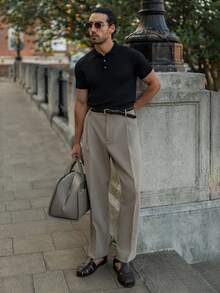 YOUESAWY YOUESAWY 男士休闲日常纯色针织Polo衫，翻领T恤，春夏款 - 黑色 - 查看 3