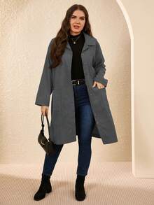 EMERY ROSE Plus Size Country Outfits Women Corduroy Double Pocket Button Placket Midi Coatan,Fall Women Clothes - Grey - View 5