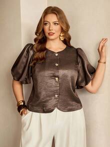 Roveilla Plus Size Women's Spring Autumn Winter French Romantic Sicilian Elegant Casual Commute Vacation Afternoon Tea Party Solid Color With Subtle Glitter Fabric Round Neck Open Front Metal Button Lantern Sleeve Short Blouse - Brown - View 4