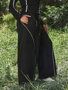 Levarali Legging Olahraga Kasual Harian untuk Wanita Ukuran Plus dengan Motif Blok Warna dan Tali Serut di Pinggang, Cocok untuk Perjalanan dan Aktivitas Luar Ruangan. - Hitam - View 5