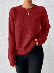 SHEIN 女款純色圓領落肩長袖休閒針織衫 - 紅木色 - 查看 5