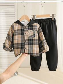 SHEIN Kids Young Boy Plaid Hooded Long Sleeve Button-Up Shirt Jacket & Casual Pants 2-Piece Set - Multicolor - View 1