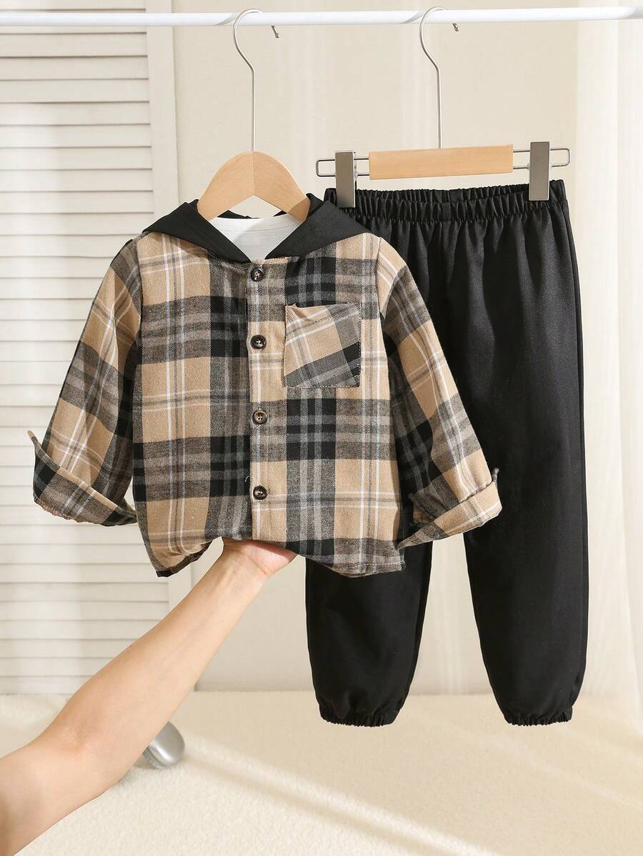 SHEIN Kids Young Boy Plaid Hooded Long Sleeve Button-Up Shirt Jacket & Casual Pants 2-Piece Set - Multicolor - View 1
