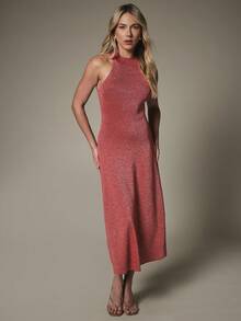 KSTM Halter Neck Lurex Knit Midi Dress With Racerback Detail Sleeveless Bodycon Silhouette Evening Party Occasion - Redwood - View 3
