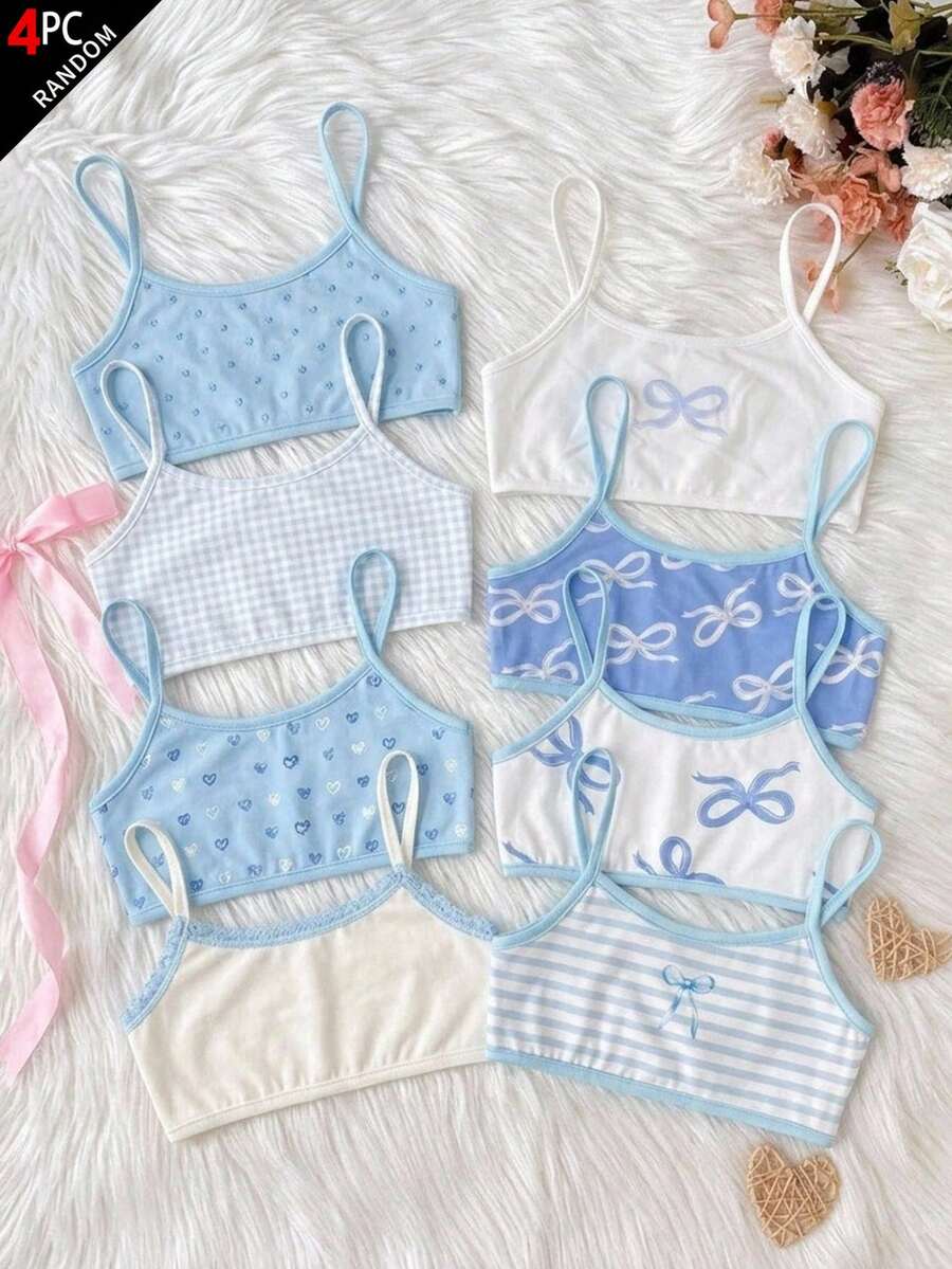 SHEIN 4件組女孩大童蝴蝶結印花可愛甜美藍色細肩帶加墊背心,舒適柔軟可穿著背心上衣 - 彩色 - 查看 1