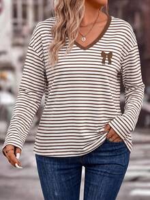 SHEIN LUNE Autumn New Brown Striped Print Bow V-Neck Long Sleeve T-Shirt - Multicolor - View 3