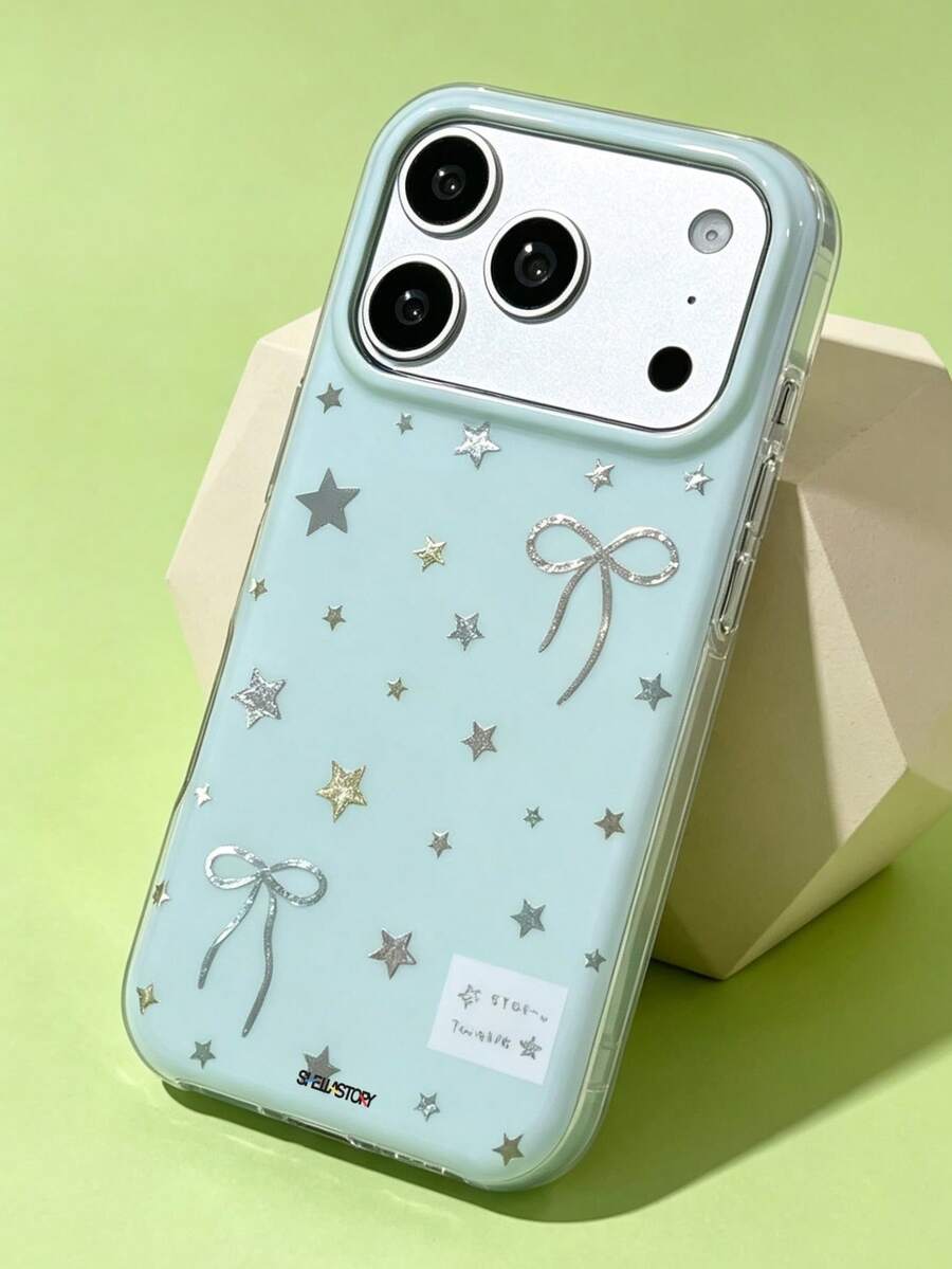 ShellaStory Cute Bow Star Tin Foil Texture Phone Case Compatible With IPhone 17 Pro Max 17 Pro 17 Pro 16 14 13 15 Pro Max 14 15 16 Plus 14 15 13 16 17 Fashion Protective Cover - Blue - View 1