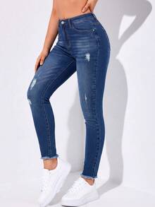 Flexra Celana Jeans Denim Kasual Wanita untuk Pakaian Sehari-hari dengan Saku, Kancing, dan Desain Rusak, Warna Biru Tua untuk Musim Gugur dan Musim Dingin - Medium Wash - View 3