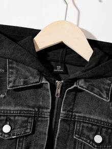 SHEIN Teen Boy Casual Washed Distressed Denim Hoodie Jacket - Black - View 5
