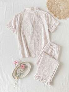 Conjunto informal de 2 piezas para niña preadolescente - Camiseta con cuello de volantes y pantalón, estampado de flores y líneas de conejo, color rosa claro, ropa de estar en casa cómoda, pijama para niña - Rosa Pálido - Ver 2
