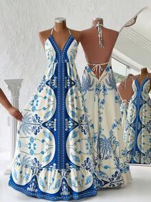 Franclia 優雅度假風細肩帶露背綁帶V領花卉印花女款洋裝，適合夏季海灘旅行 - 藍色 - 查看 1