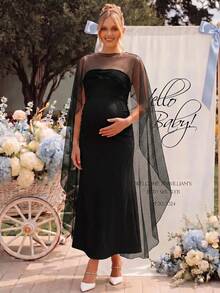 Loomaby Maternity Polka Dot Mesh Shawl And Bandeau Dress Elegant 2 Pieces Set - Black - View 4