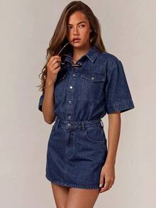 Athîral Denim 女款鈕扣休閒日常夏季牛仔洋裝 - 深色水洗藍 - 查看 3