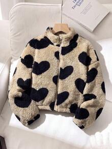 SHEIN Tween Girl Heart Fleece Kids Hooded Zip-Up Jacket For Autumn/Winter, Suitable For Outdoor And Back - Khaki - View 1
