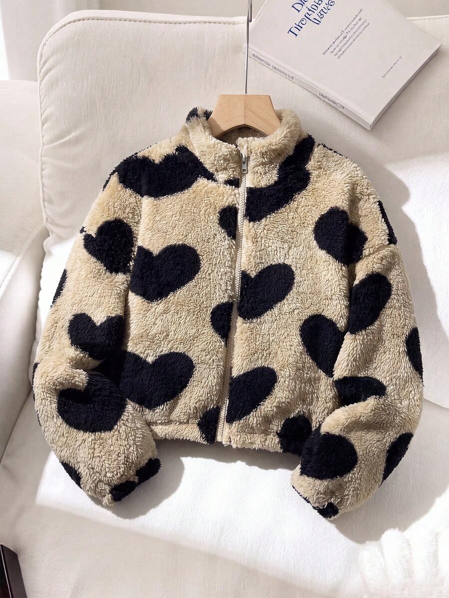 SHEIN Tween Girl Heart Fleece Kids Hooded Zip-Up Jacket For Autumn/Winter, Suitable For Outdoor And Back - Khaki - View 1