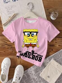 SpongeBob SquarePants | SHEIN 青少年女孩字母印花圓領短袖休閒T恤 - 白色 - 查看 3