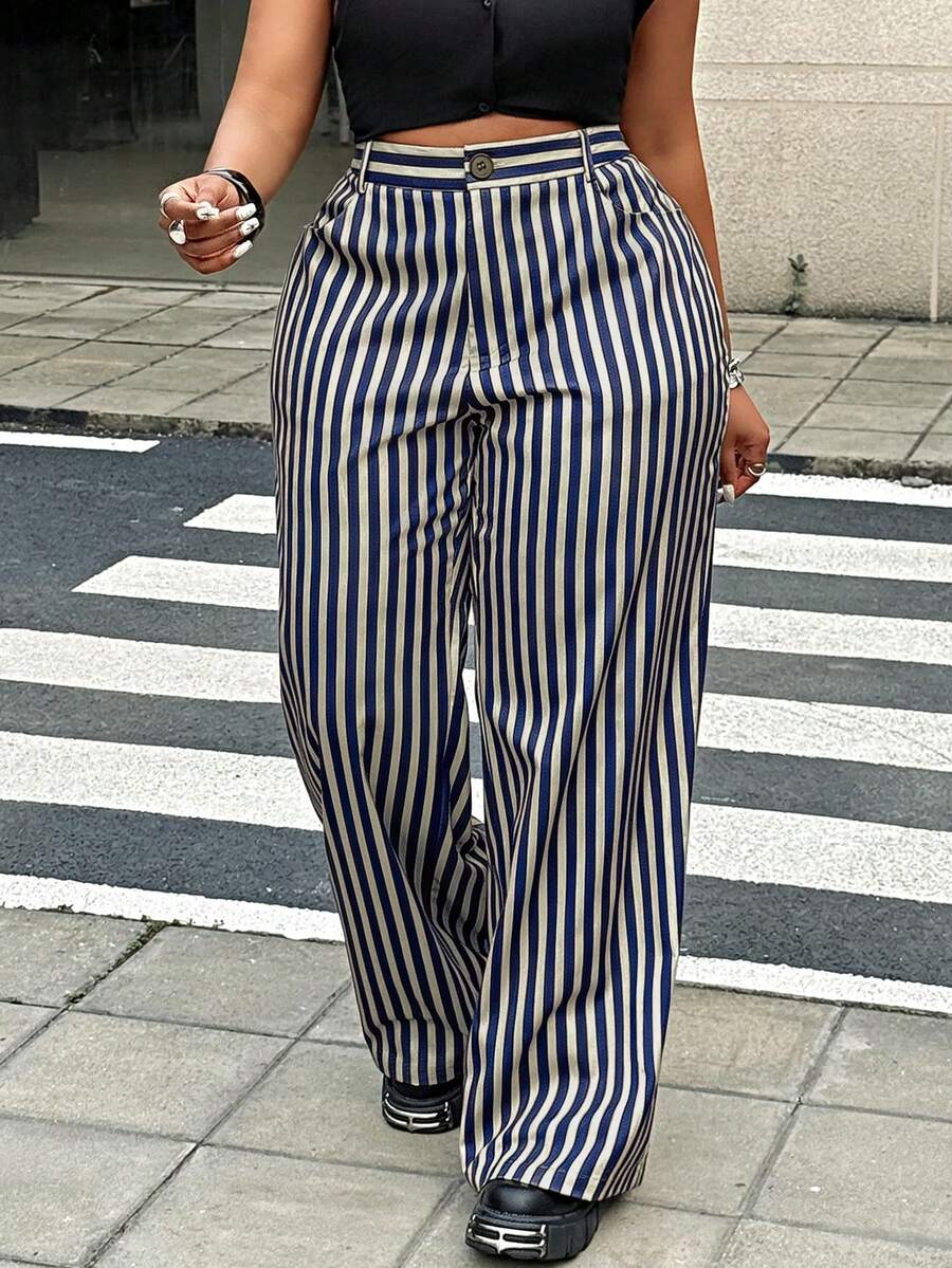 Maweii 大尺碼女款條紋優雅百搭通勤休閒高級西裝長褲 - 寶藍色 - 查看 1