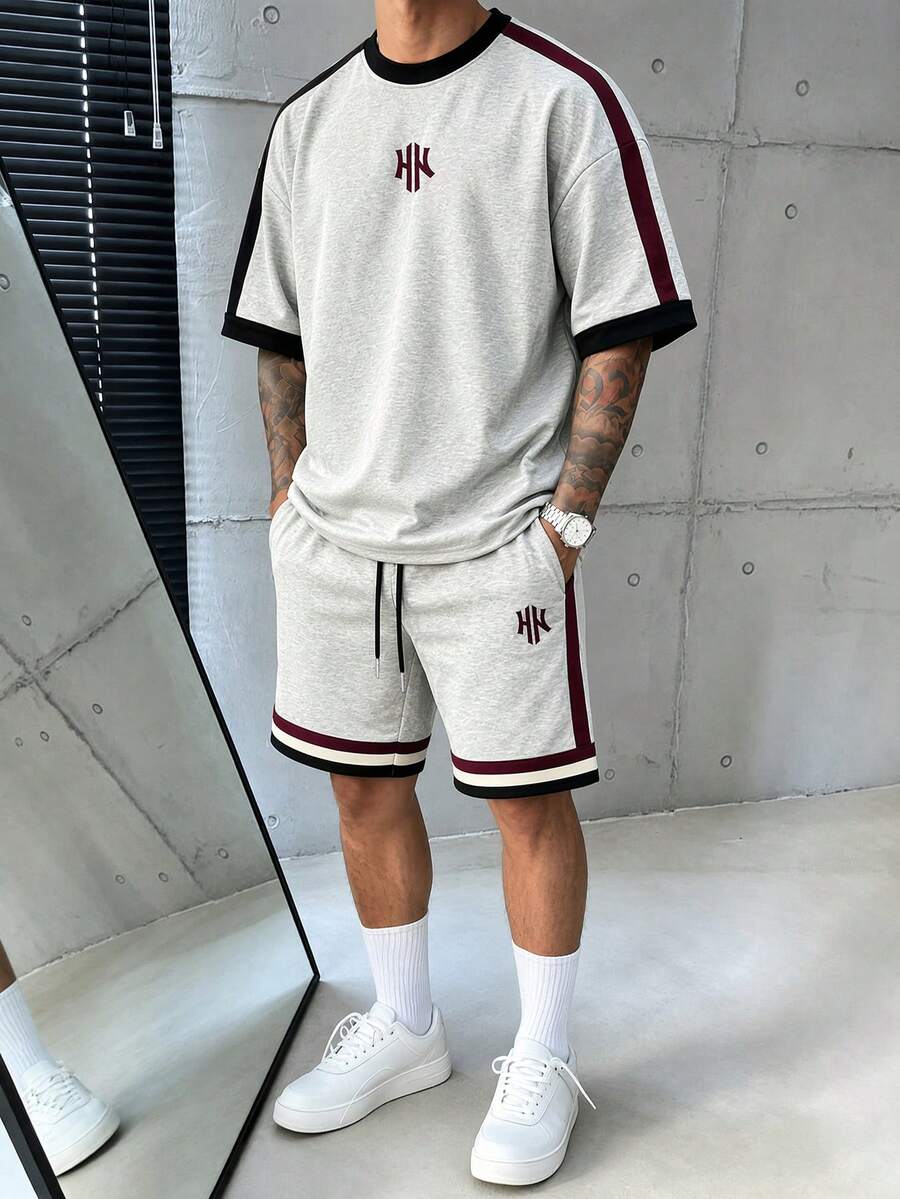 Sport MetroGents 男士字母印花拼色短袖上衣與短褲休閒日常運動套裝 - 彩色 - 查看 1