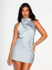 KIZN Satin Cowl High Neck Halter Mini Dress Sleeveless Backless Party Evening Summer Night Out - Blue - View 2