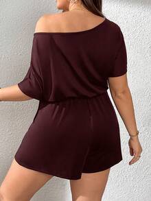 SHEIN Essnce Plus Size Solid Color Asymmetrical Neckline Romper - Rose Red - View 2