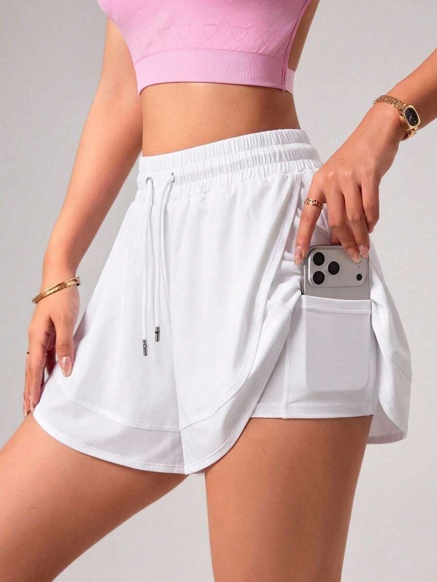 CourtClass CourtClass High Waist Drawstring 2 In 1 Athletic Shorts With Anti-Exposure Lining And Phone Pocket, Loose Fit Fitness Running Shorts - White - View 1