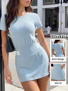 CourtClass CourtClass Women's Solid Color Raglan Short Sleeve Sports Dress With Shorts - Baby Blue - View 2