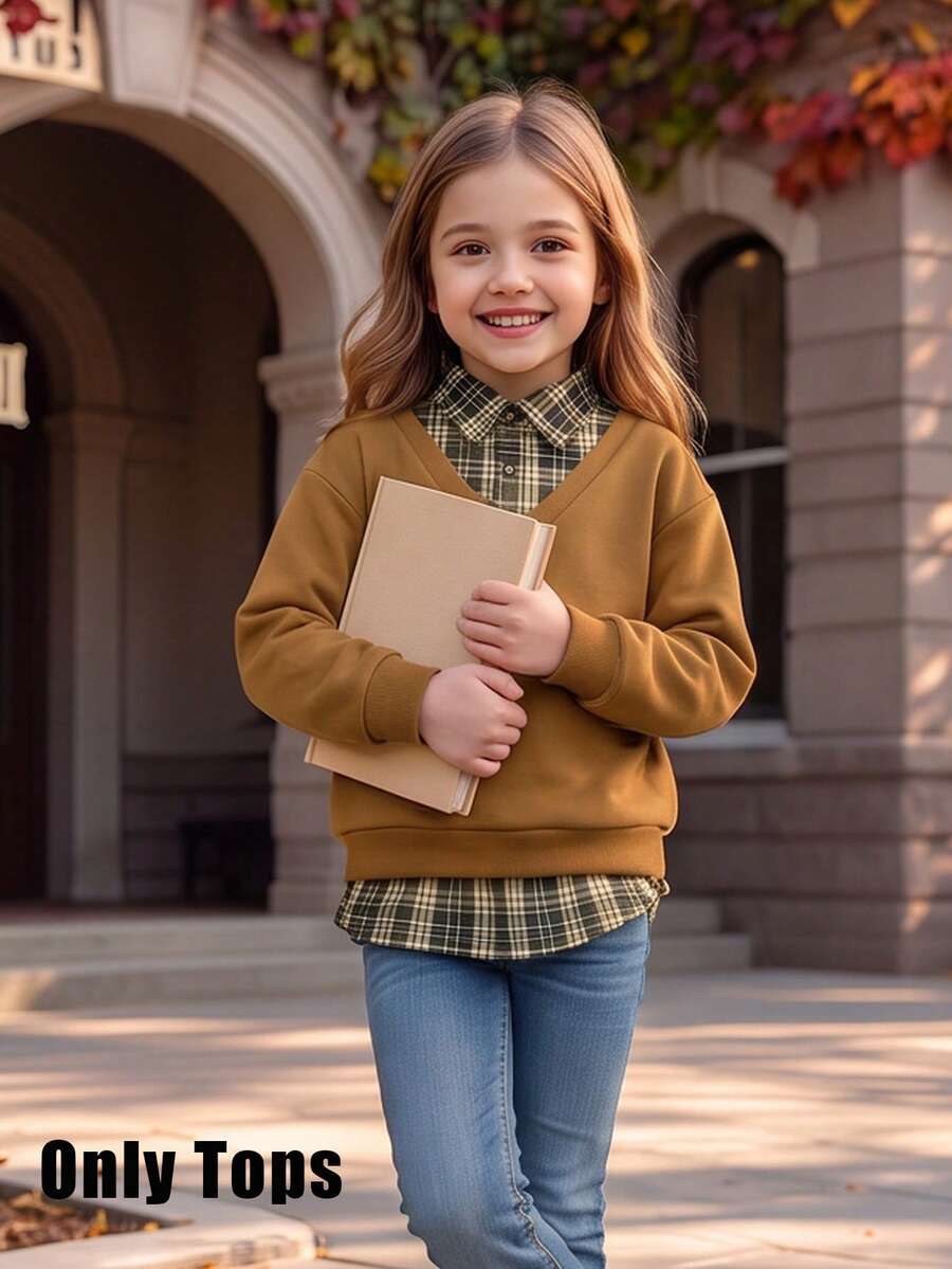 Genkimix Kids 返校季女童 (4-7歲) 學院風 2合1保暖秋季套裝-棕色V領抓絨內裡套頭衛衣搭配格紋長袖領襯衫-經典英式格紋-適合返校、校園日常、家庭拍照、秋季旅行-休閒舒適時尚 - 棕色 - 查看 1