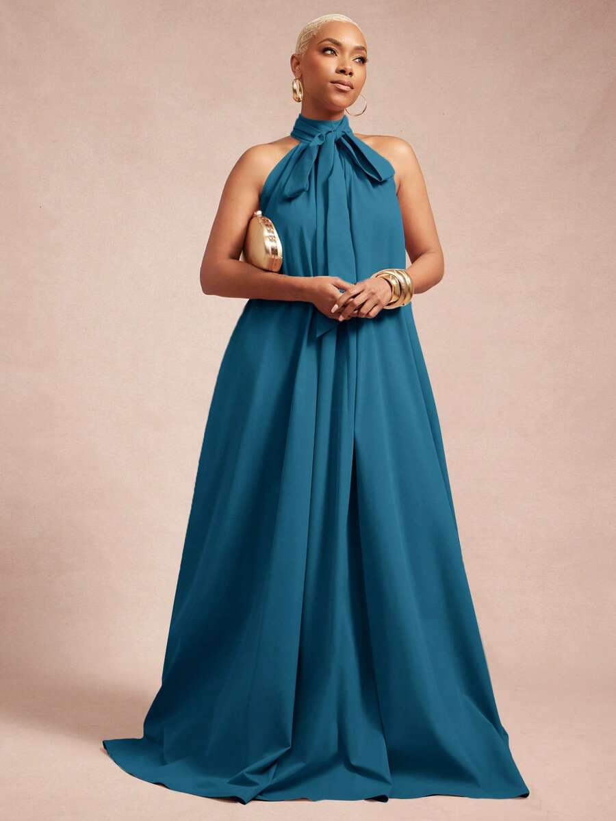 Vixey Solid Woven Bow Tie Halter Neck A Line Maxi Dress - Cadet Blue - View 1