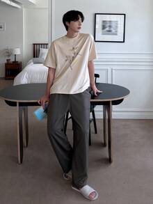 DAZY 男士春秋杏色水紋印花針織上衣與灰色鬆緊腰長褲家居服套裝 - 彩色 - 查看 6