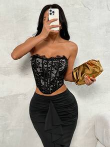 SHEIN PETITE 女款夏季海灘度假純色蕾絲細肩帶上衣，適合日常穿著、約會、夜店、派對、聚會、雞尾酒會、泳池派對、返校、通勤、情人節 - 黑色 - 查看 5