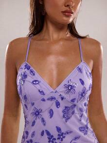 SHEIN BAE Women's Summer Sequin & Floral Embellished Camisole Top - Mauve Purple - View 6