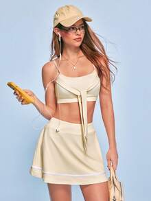 SHEIN Sports Women's Minimalist Tie Strap Tank Top And Striped Contrast Color Mini Skirt Sports Set - Multicolor - View 4