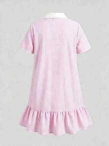 SHEIN Tween女孩休閒可愛舒適立領拼色羅紋純色洋裝，適合畢業派對、學校假期，Y2K風格 - 粉色 - 查看 2